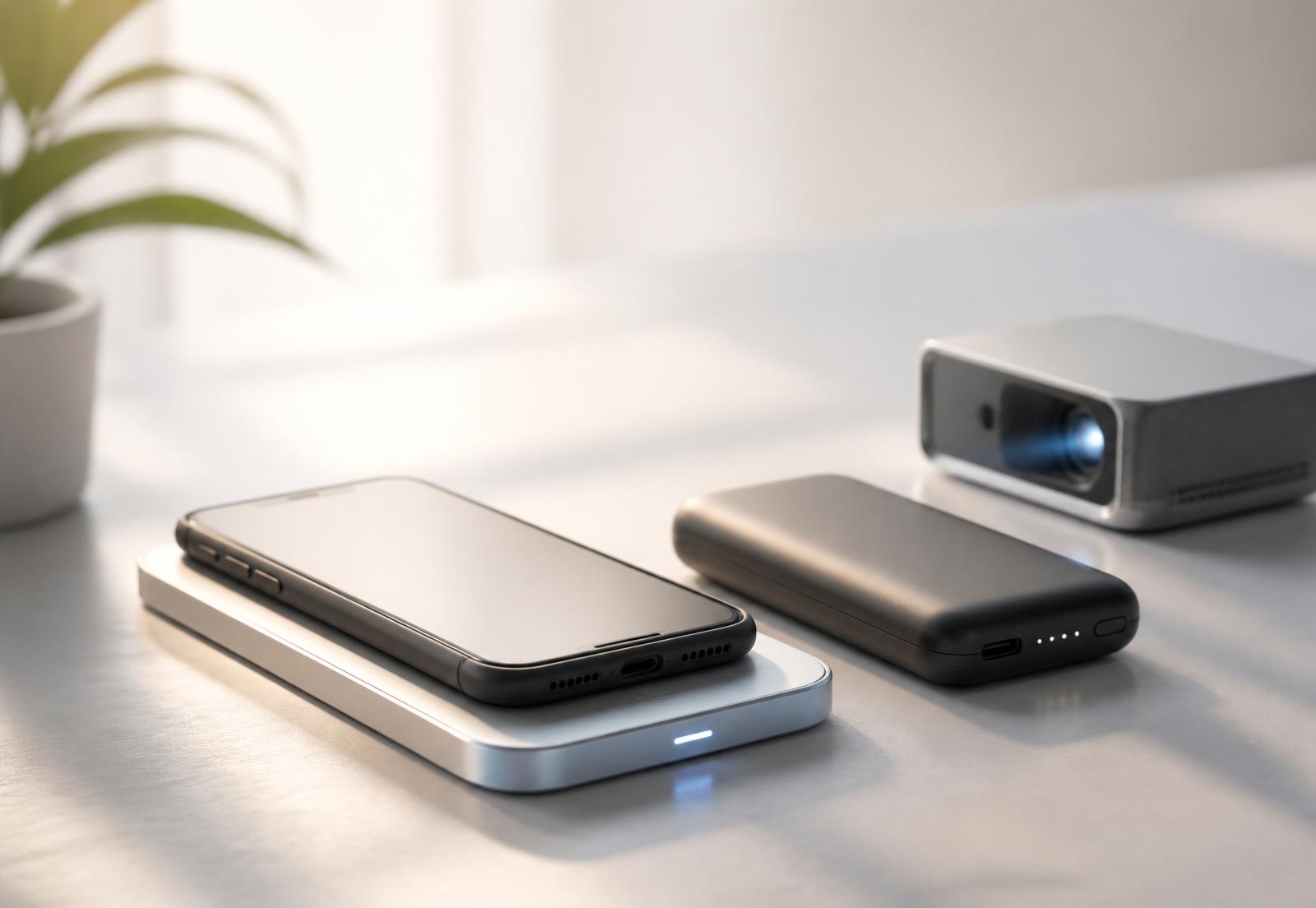 Minimal desk setup with a wireless charging pad, power bank and phone in a matte case